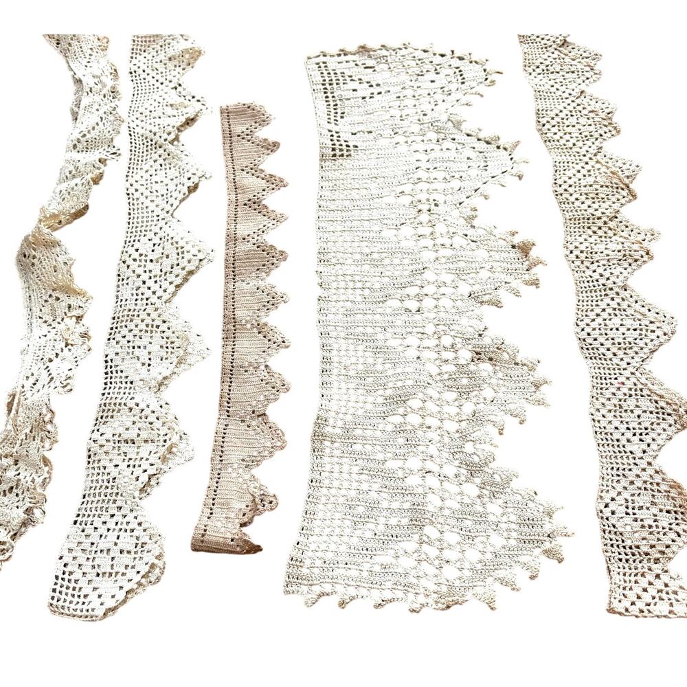Antique Vintage handmade crochet lace 5 pcs trim crafts beige tan collars cuffs
